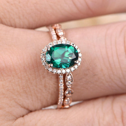 6x8mm-oval-cut-emerald-engagement-ring-set-2pcs-milgrain-bridal-14k-rose-gold-diamond-halo