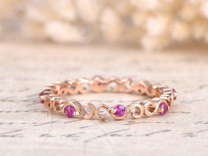 Bague de fiançailles Art Déco en rubis, alliance en or rose 14 carats, sertie de fleurs et de points, bague infinie, promesse