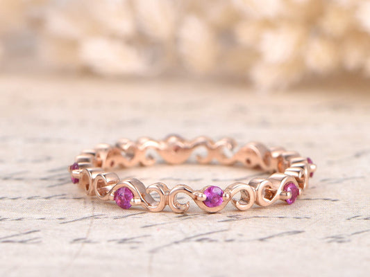 Bague de fiançailles Art Déco en rubis, alliance en or rose 14 carats, sertie de fleurs et de points, bague infinie, promesse