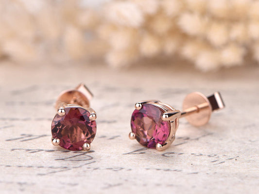 6mm Round Cut Pink Tourmaline Engagement Earrings 18K Rose Gold