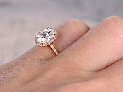 Bague en or blanc avec moissanite VVS 6x8 mm, bague de fiançailles ovale en moissanite 1,5 ct, alliance en or rose 14 carats avec halo de moissanite pour femme
