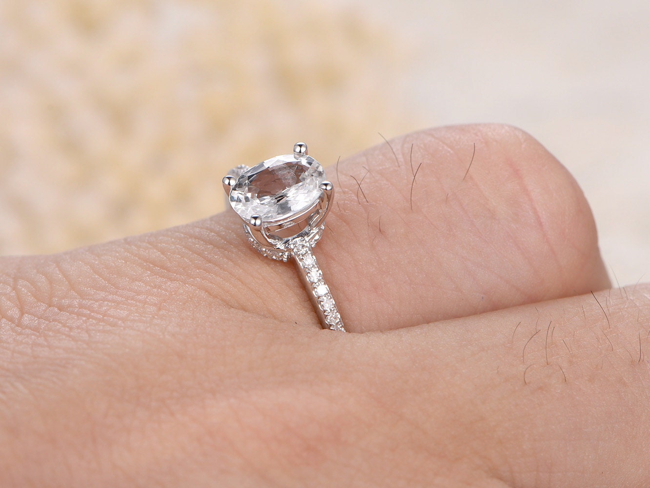 5x7mm Oval Cut White Sapphire Engagement Ring 14K Wthie Gold Diamond Half Eternity