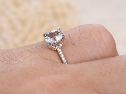 5x7mm Oval Cut White Sapphire Engagement Ring 14K Wthie Gold Diamond Half Eternity