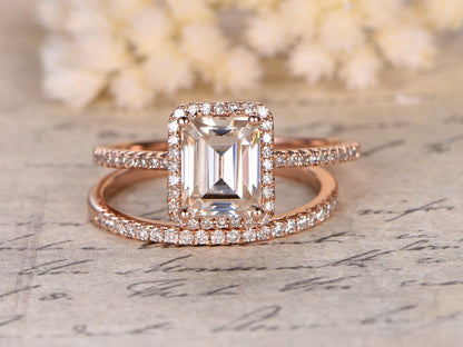 Bague de fiançailles en moissanite taille émeraude 6x8 mm, alliance en diamants, or rose 14 carats, design halo, ensemble de bagues de fiançailles demi-éternité