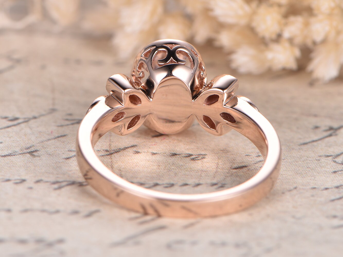 6x8mm Oval Cut Morganite Engagement Ring 14K Rose Gold Diamond Floral Plain Band