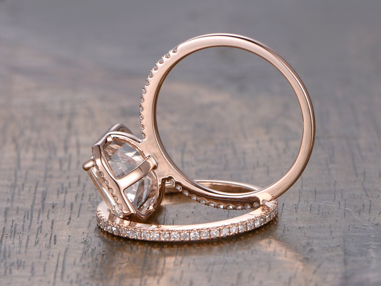 8x10mm Emerald Cut White Topaz Engagement Ring Set 2pcs 14K Rose Gold Diamond Halo | Thin Matching Band